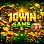 10WIN GAME logo with golden coins, roulette wheel, and 777 slots on a dark green-gold background, watermark 'apkroyal.org
