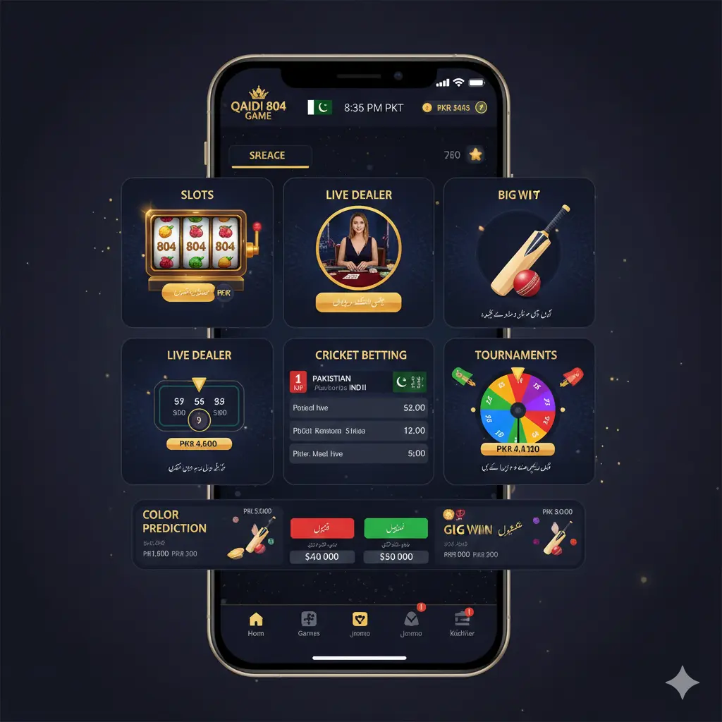 Smartphone screen showing Qaidi 804 Game mobile app with slots, live dealer tables, cricket betting, color prediction games, tournament highlights, PKR currency symbols, and Urdu text, golden-themed interface for Pakistani players.