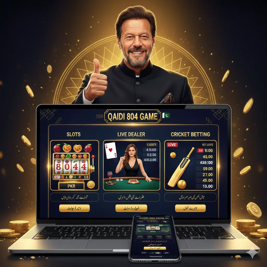 Qaidi 804 Game online casino banner for Pakistani players with slot machines, live dealer tables, cricket betting, PKR currency symbols, Urdu text, and a figure inspired by Imran Khan in a golden theme."